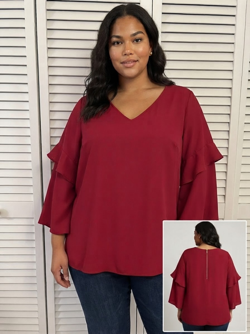 Alfani Red V-Neck Ruffle Sleeve Tunic
